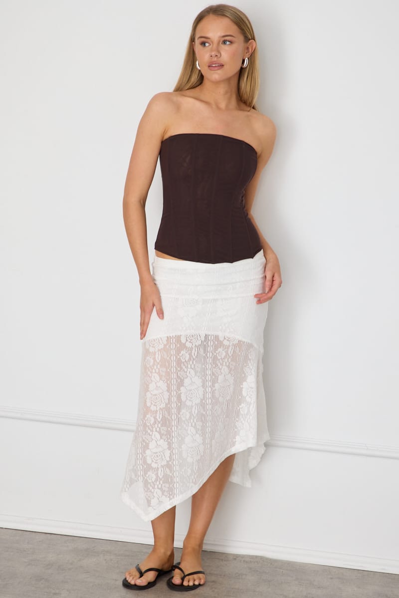 White Scarf Hem Midi Skirt Elastic Waist Lace for Ally Fashion