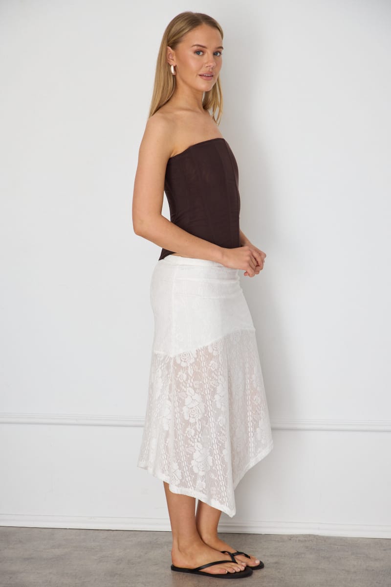 White Scarf Hem Midi Skirt Elastic Waist Lace for Ally Fashion