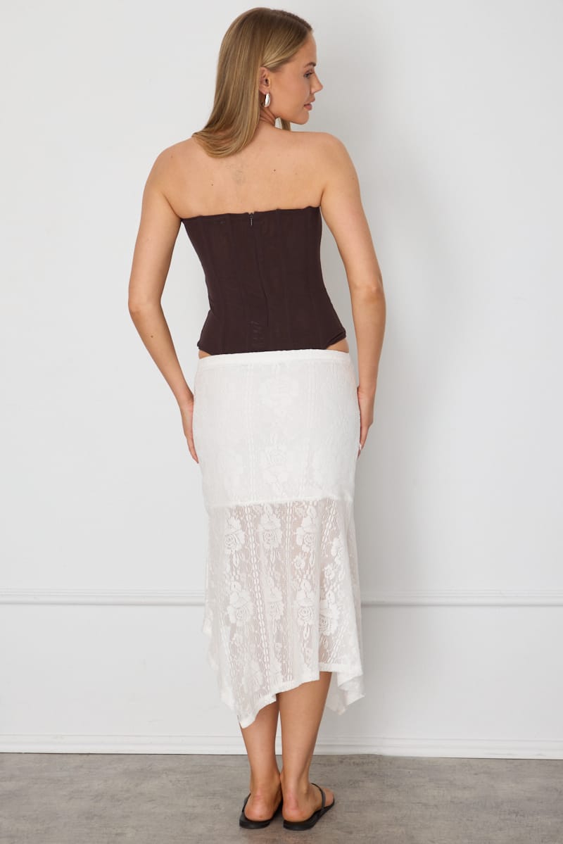 White Scarf Hem Midi Skirt Elastic Waist Lace for Ally Fashion