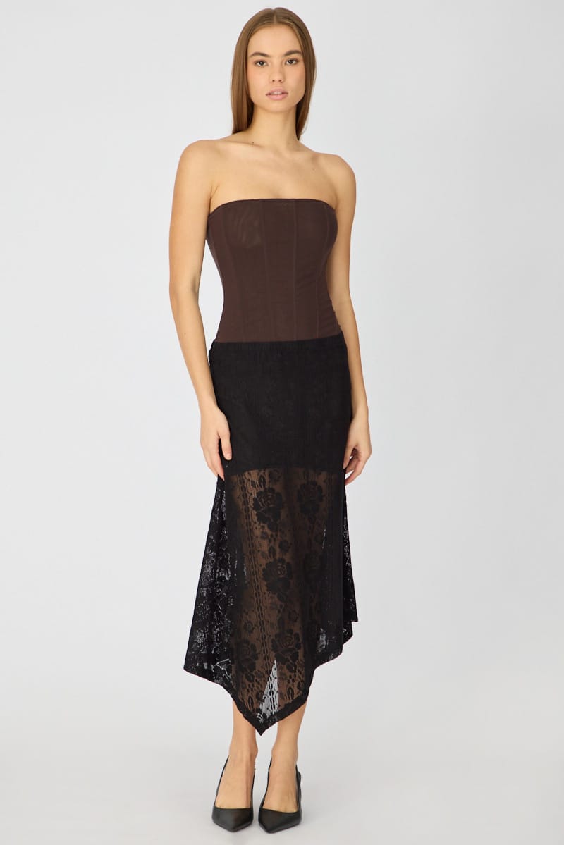 Black Scarf Hem Midi Skirt Elastic Waist Lace for Ally Fashion