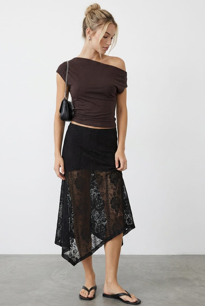 Black Scarf-Hem Midi Skirt Elastic-Waist Lace from Ally Fashion