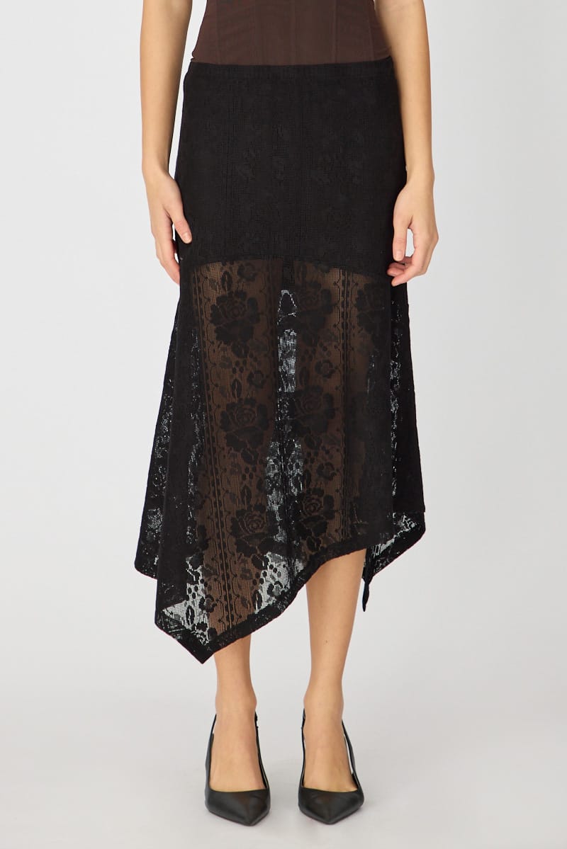 Black Scarf Hem Midi Skirt Elastic Waist Lace for Ally Fashion