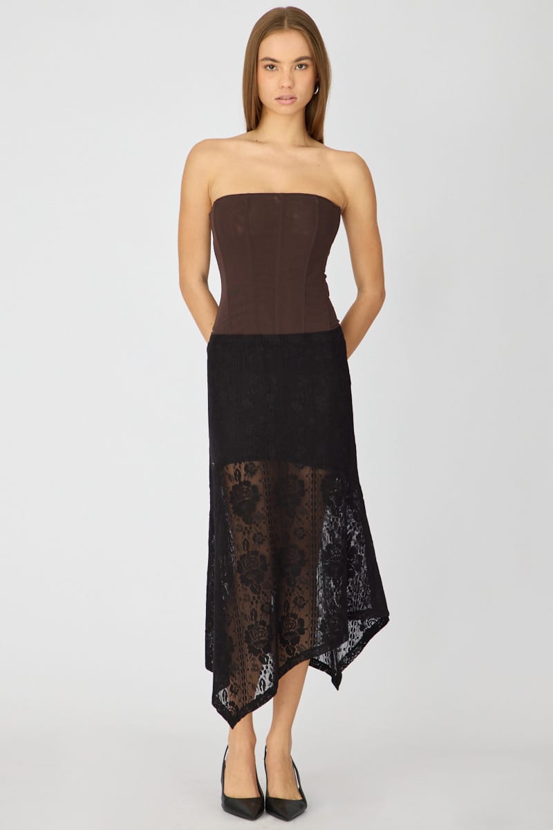 Black Scarf Hem Midi Skirt Elastic Waist Lace for Ally Fashion