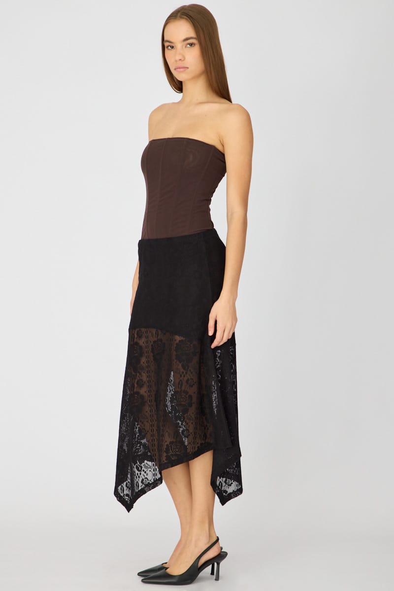 Black Scarf Hem Midi Skirt Elastic Waist Lace for Ally Fashion