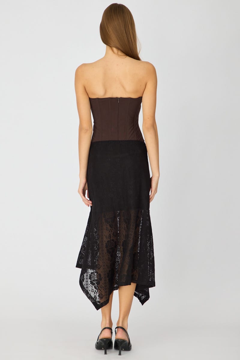 Black Scarf Hem Midi Skirt Elastic Waist Lace for Ally Fashion