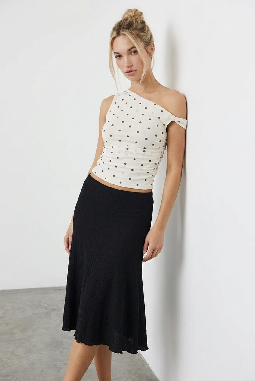 Black Midi Skirt Elastic Waist Textured Lined for Ally Fashion