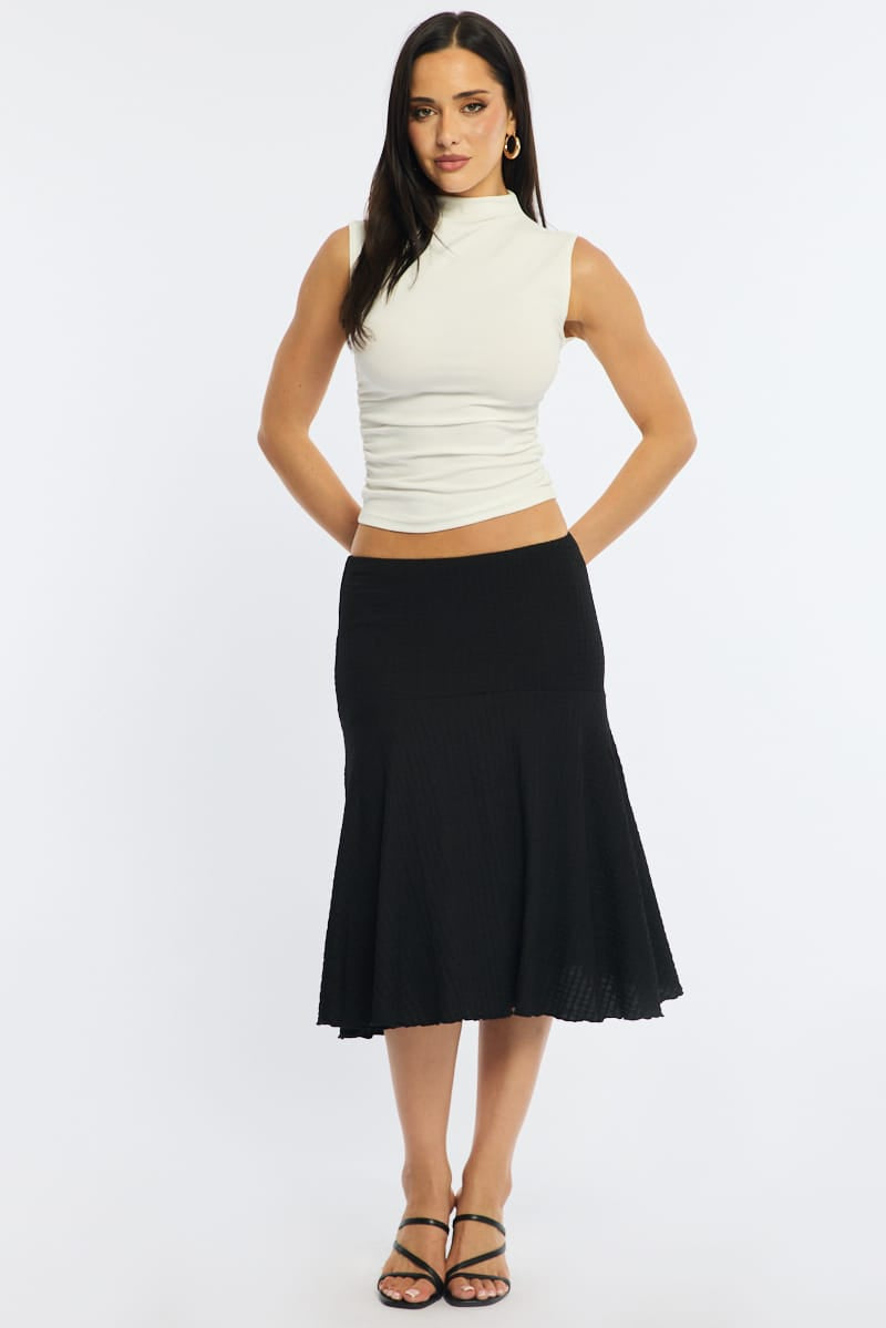 Black Midi Skirt Elastic Waist Textured Lined for Ally Fashion