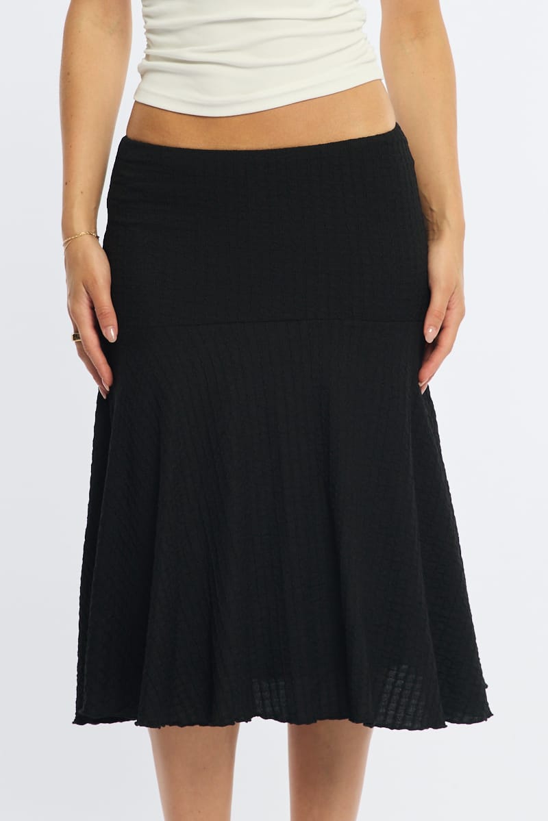 Black Midi Skirt Elastic Waist Textured Lined for Ally Fashion