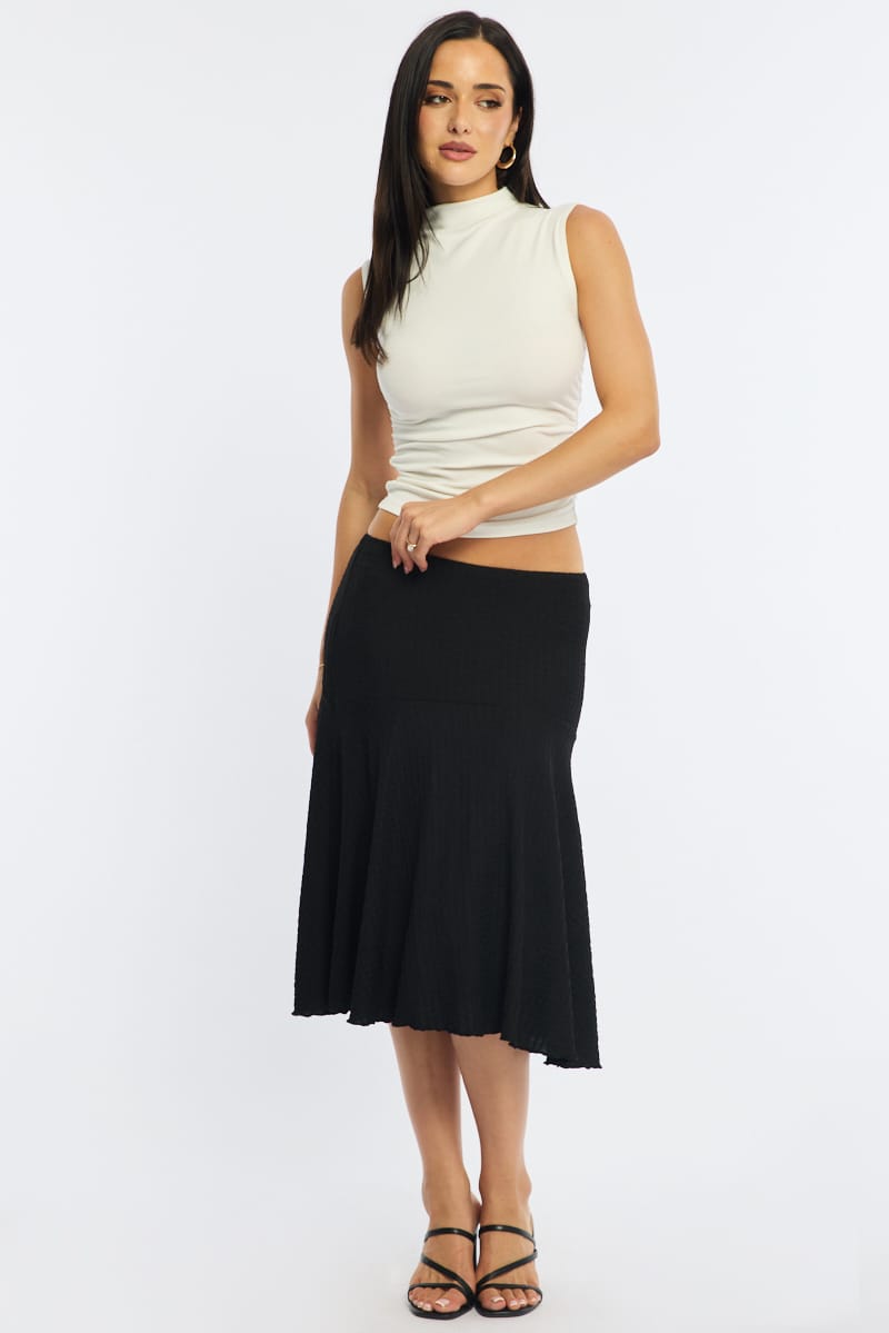 Black Midi Skirt Elastic Waist Textured Lined for Ally Fashion