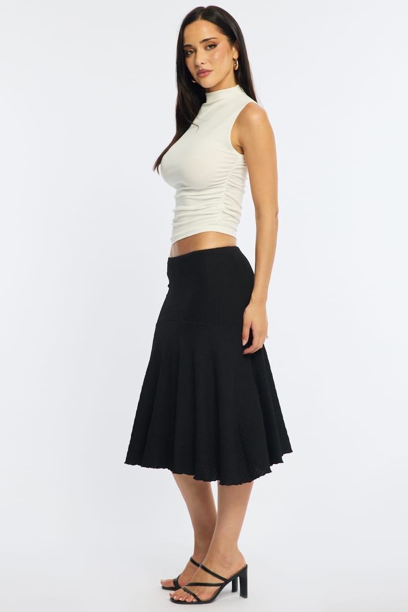 Black Midi Skirt Elastic Waist Textured Lined for Ally Fashion