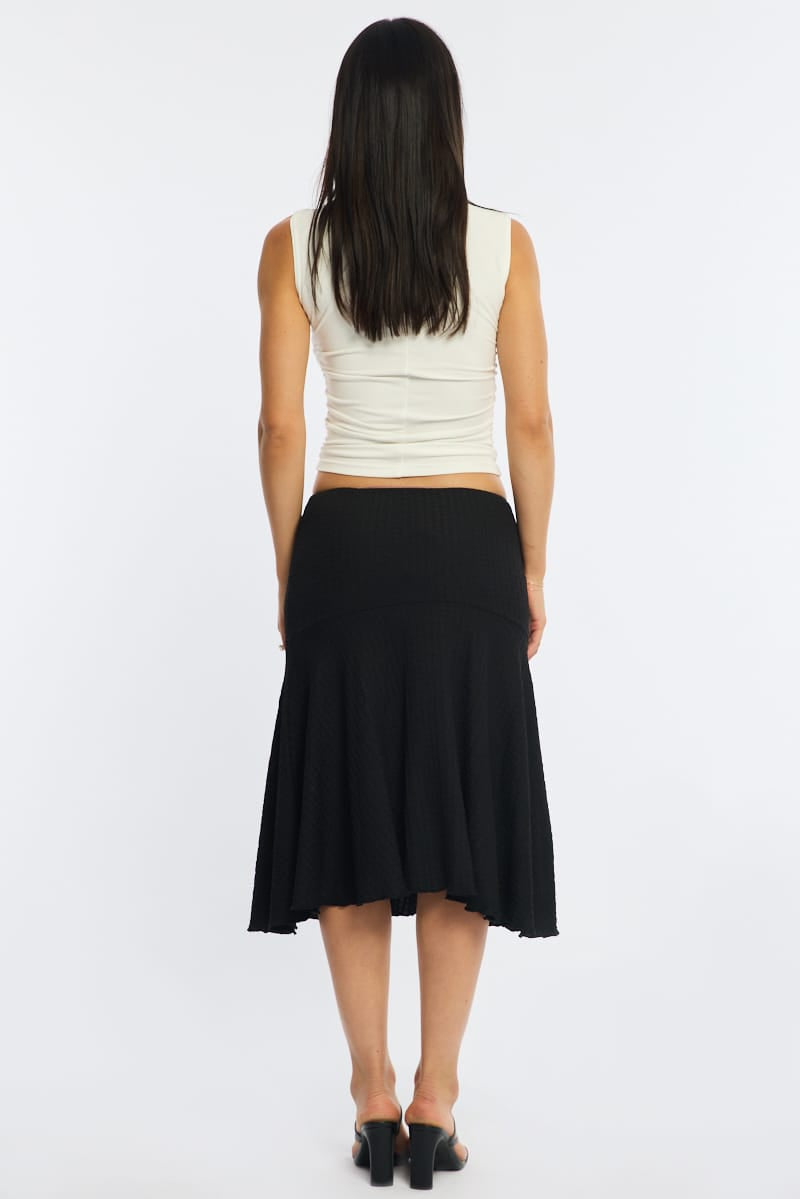 Black Midi Skirt Elastic Waist Textured Lined for Ally Fashion