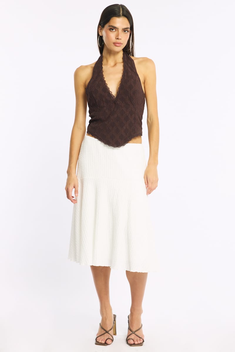 White Midi Skirt Elastic Waist Textured Lined for Ally Fashion