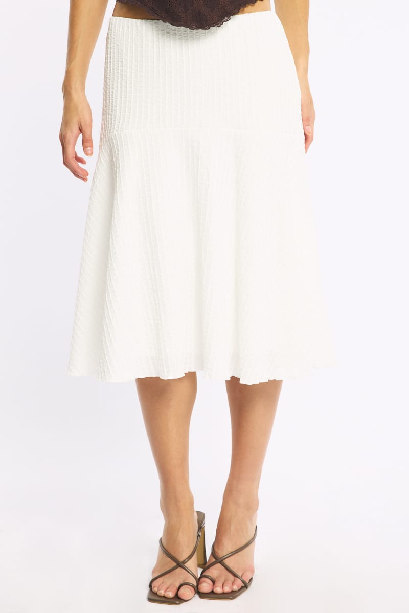 White Midi Skirt Elastic Waist Textured Lined for Ally Fashion
