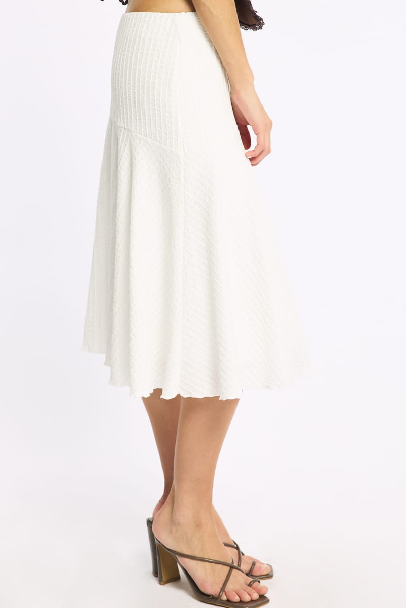White Midi Skirt Elastic Waist Textured Lined for Ally Fashion