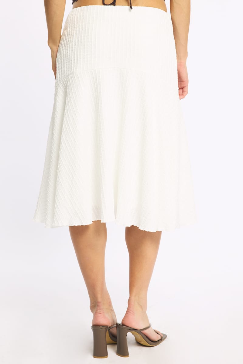 White Midi Skirt Elastic Waist Textured Lined for Ally Fashion
