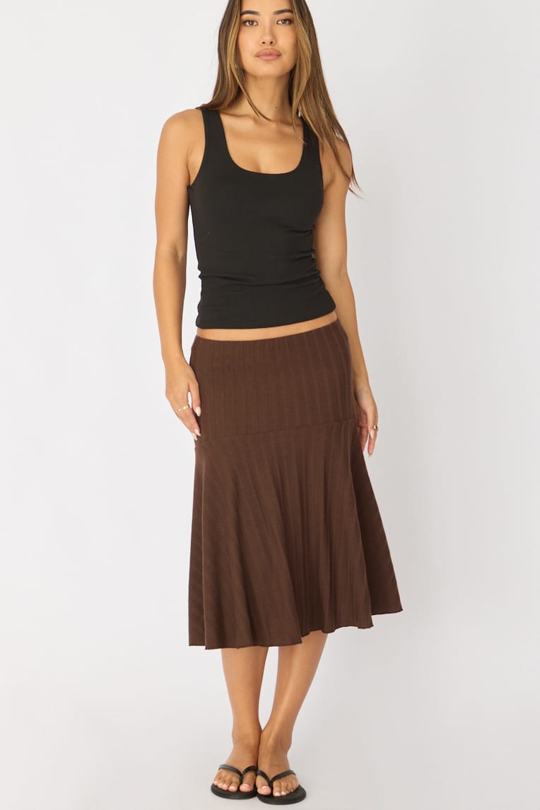 Brown Midi Skirt Elastic Waist Jacquard Rib Knit Lined for Ally Fashion