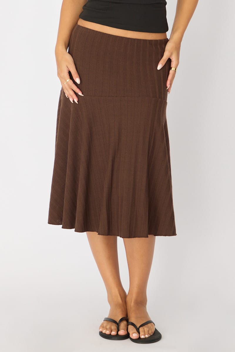 Brown Midi Skirt Elastic Waist Jacquard Rib Knit Lined for Ally Fashion