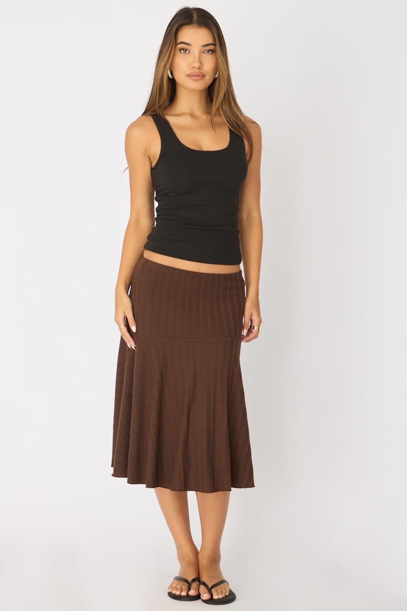 Brown Midi Skirt Elastic Waist Jacquard Rib Knit Lined for Ally Fashion