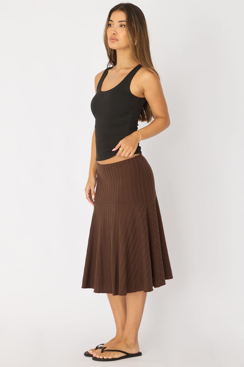 Brown Midi Skirt Elastic Waist Jacquard Rib Knit Lined for Ally Fashion