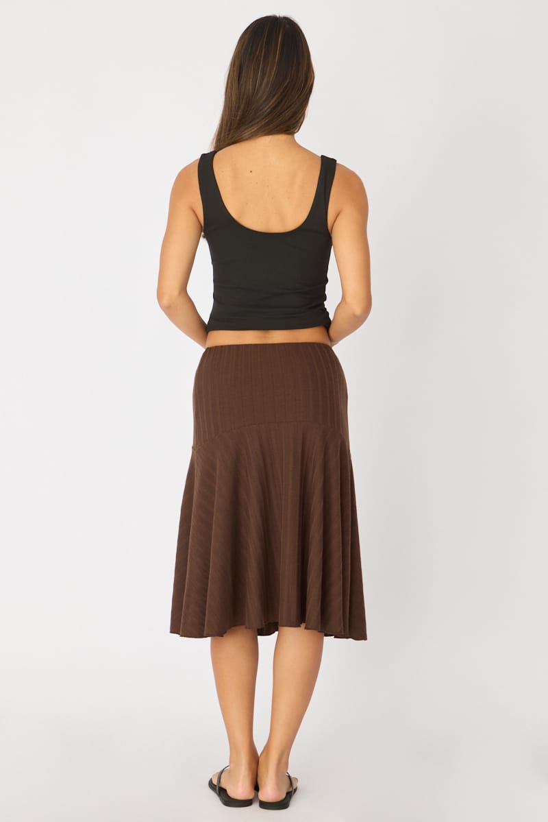 Brown Midi Skirt Elastic Waist Jacquard Rib Knit Lined for Ally Fashion