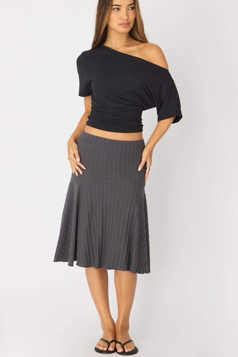 Grey Midi Skirt Elastic Waist Jacquard Rib Knit Lined for Ally Fashion