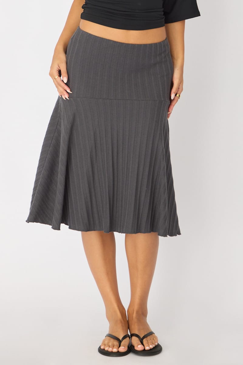 Grey Midi Skirt Elastic Waist Jacquard Rib Knit Lined for Ally Fashion