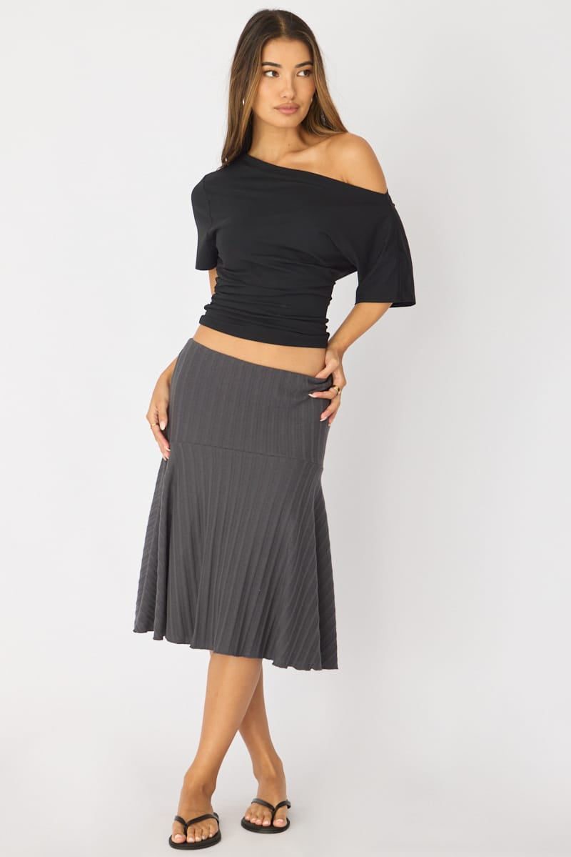 Grey Midi Skirt Elastic Waist Jacquard Rib Knit Lined for Ally Fashion