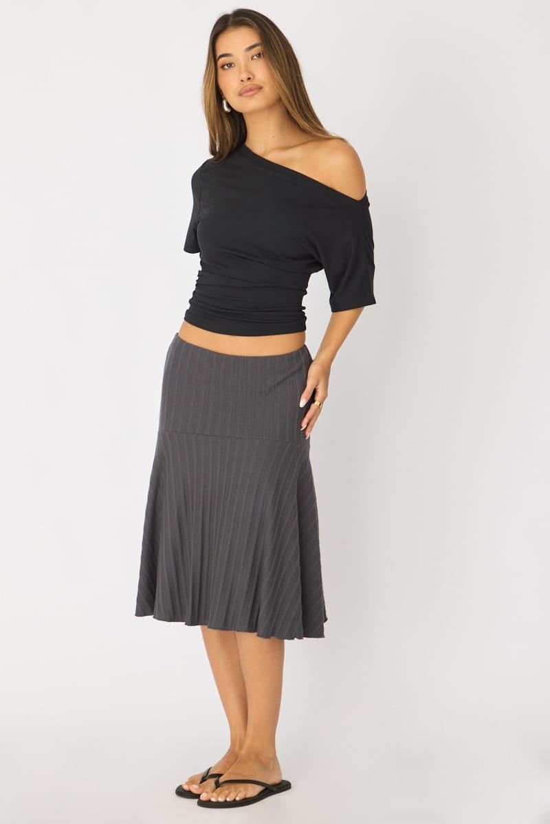 Grey Midi Skirt Elastic Waist Jacquard Rib Knit Lined for Ally Fashion
