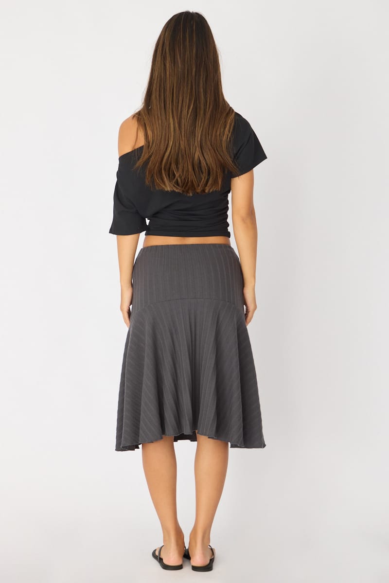 Grey Midi Skirt Elastic Waist Jacquard Rib Knit Lined for Ally Fashion