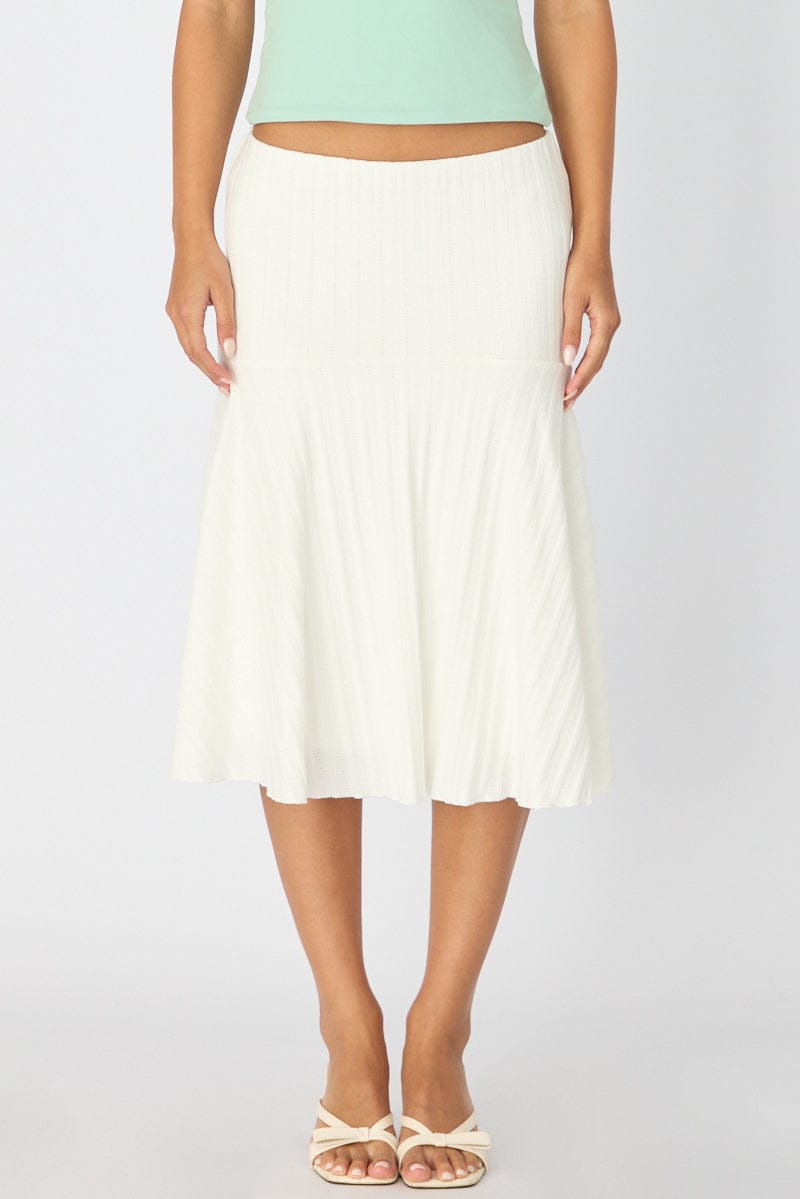 White Midi Skirt Elastic Waist Jacquard Rib Knit Lined for Ally Fashion