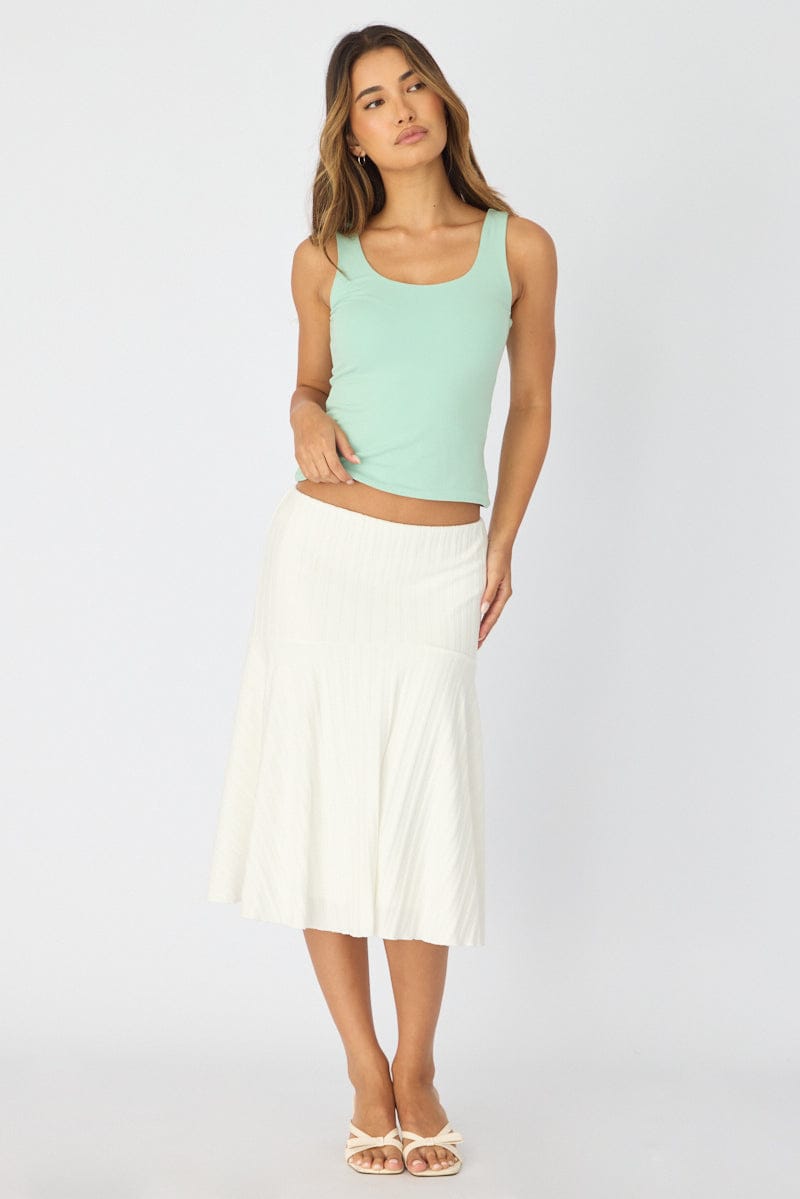 White Midi Skirt Elastic Waist Jacquard Rib Knit Lined for Ally Fashion