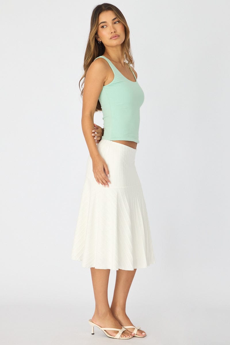 White Midi Skirt Elastic Waist Jacquard Rib Knit Lined for Ally Fashion