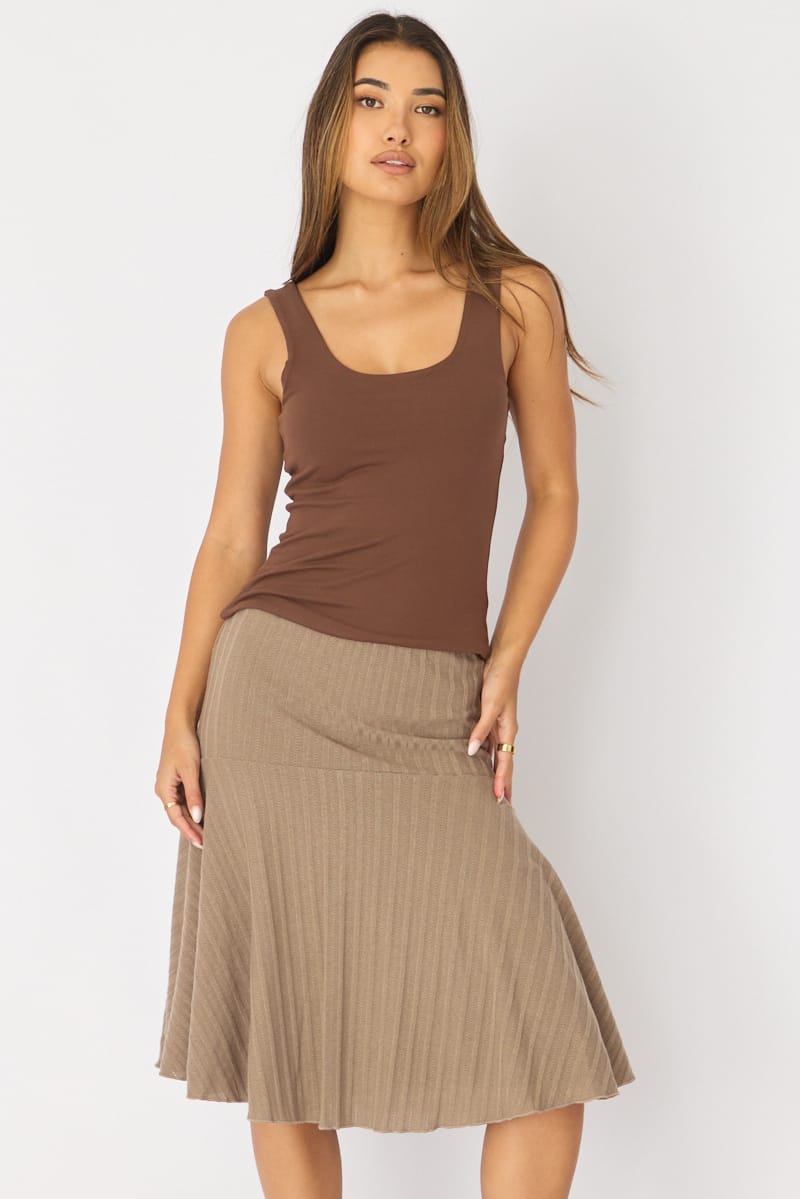 Brown Midi Skirt Elastic Waist Jacquard Rib Knit Lined for Ally Fashion