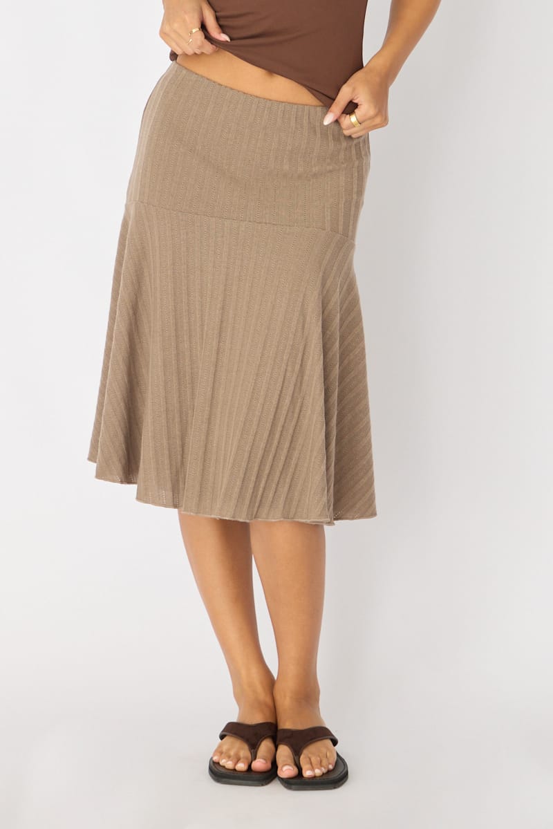 Brown Midi Skirt Elastic Waist Jacquard Rib Knit Lined for Ally Fashion