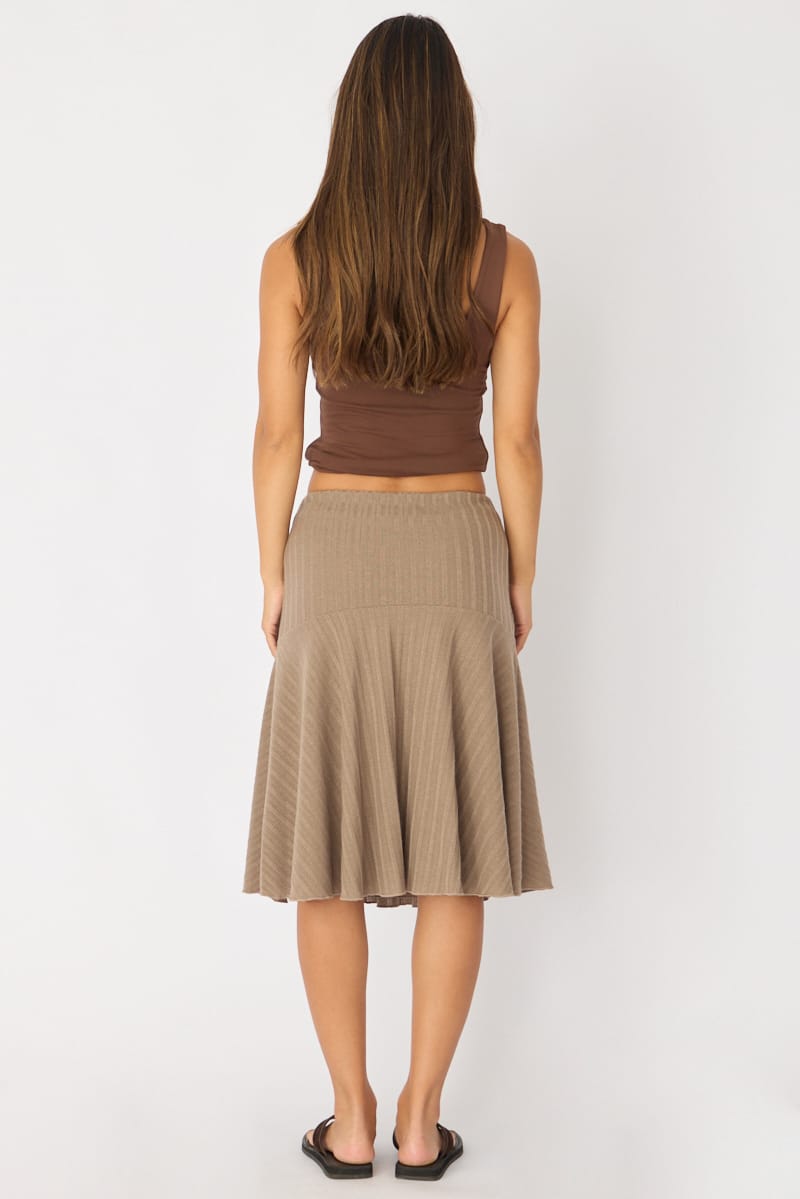 Brown Midi Skirt Elastic Waist Jacquard Rib Knit Lined for Ally Fashion