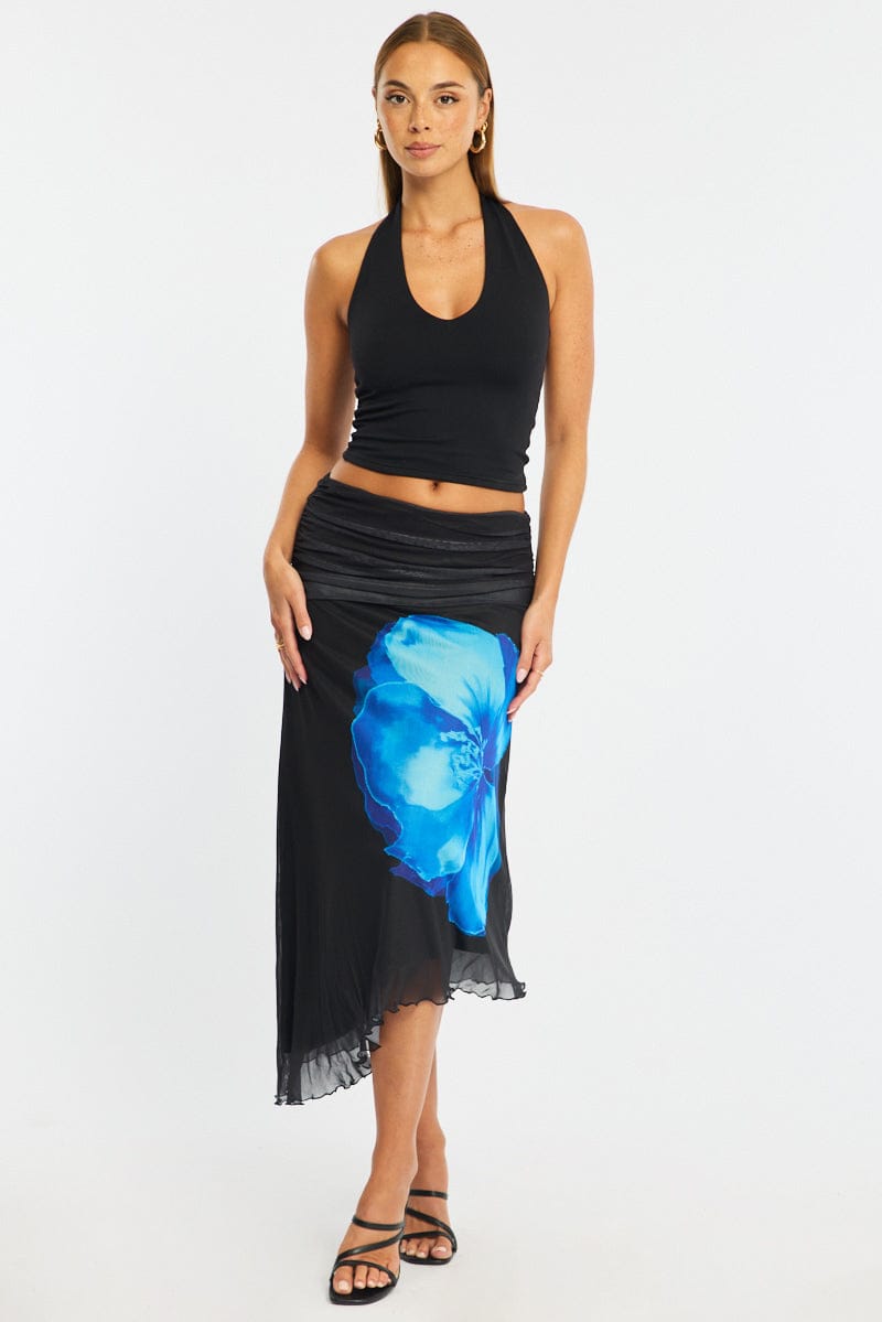 Blue Floral Scarf Hem Midi Skirt Elastic Waist Placement Print for Ally Fashion