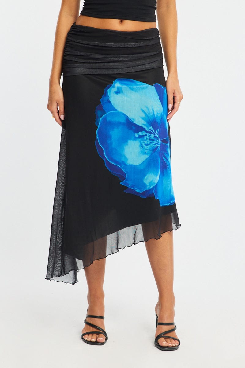 Blue Floral Scarf Hem Midi Skirt Elastic Waist Placement Print for Ally Fashion