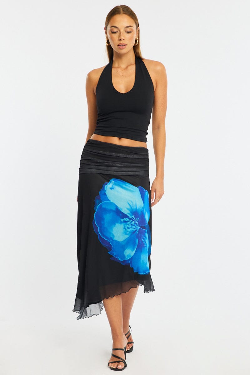 Blue Floral Scarf Hem Midi Skirt Elastic Waist Placement Print for Ally Fashion