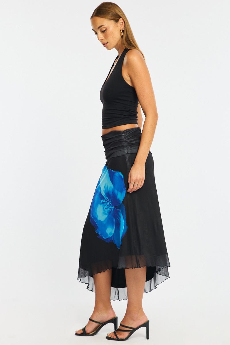 Blue Floral Scarf Hem Midi Skirt Elastic Waist Placement Print for Ally Fashion