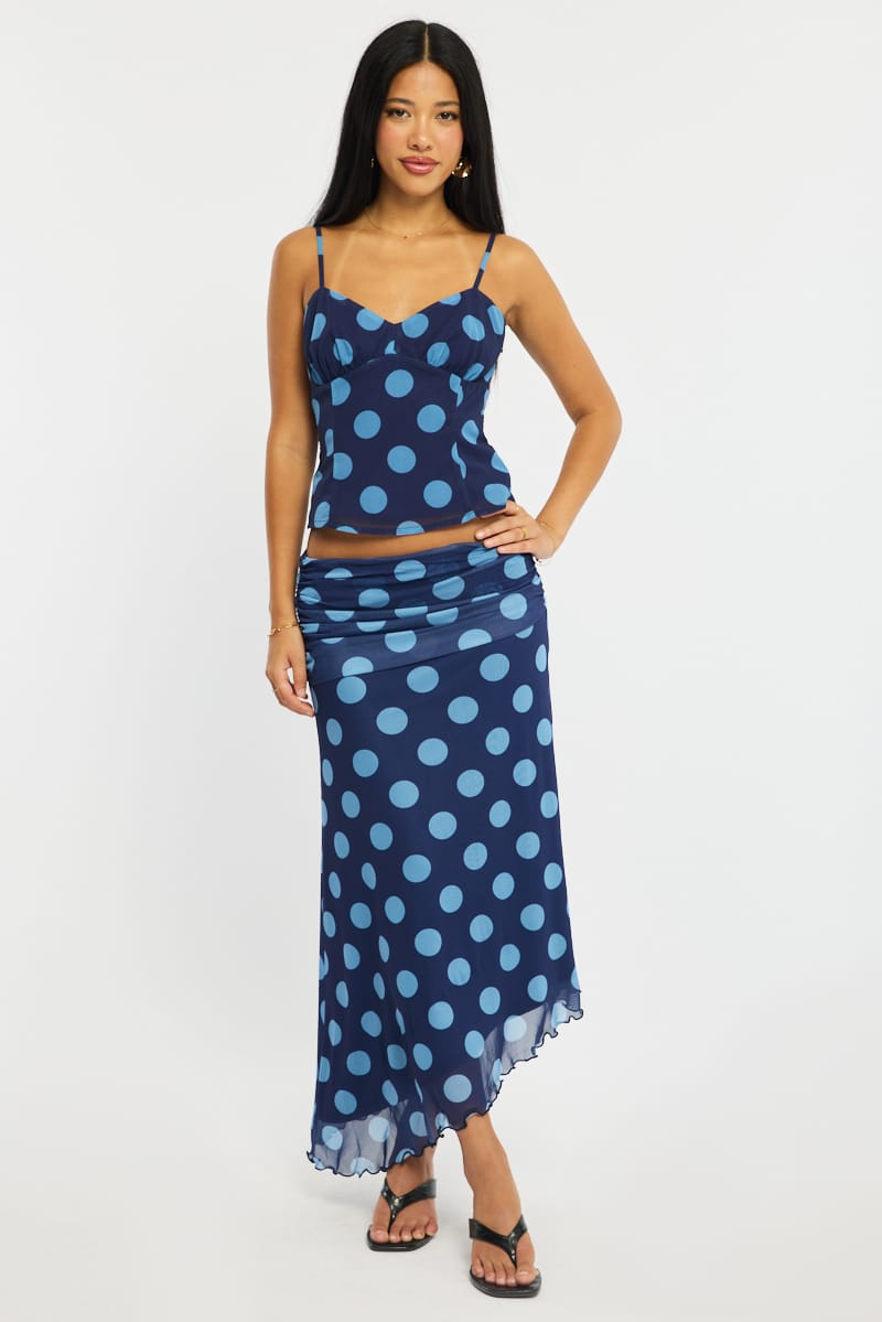 Blue Polka Dot Scarf Hem Midi Skirt Elastic Waist for Ally Fashion