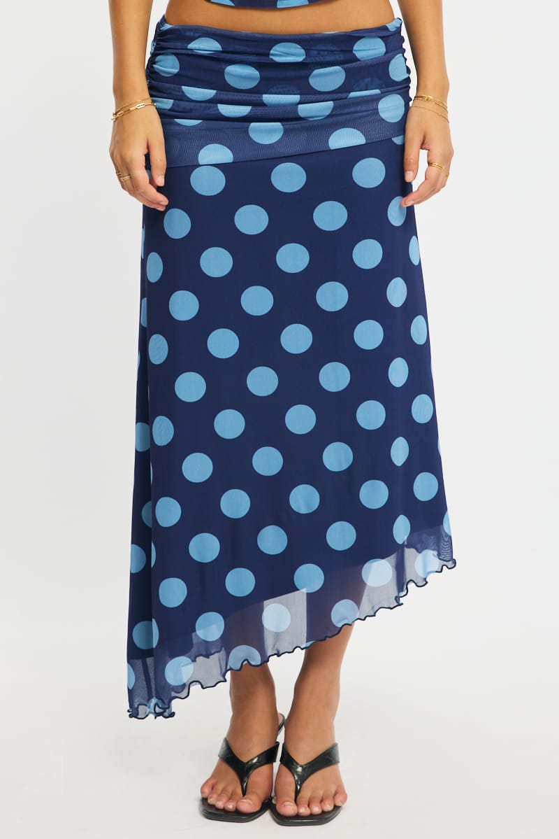 Blue Polka Dot Scarf Hem Midi Skirt Elastic Waist for Ally Fashion