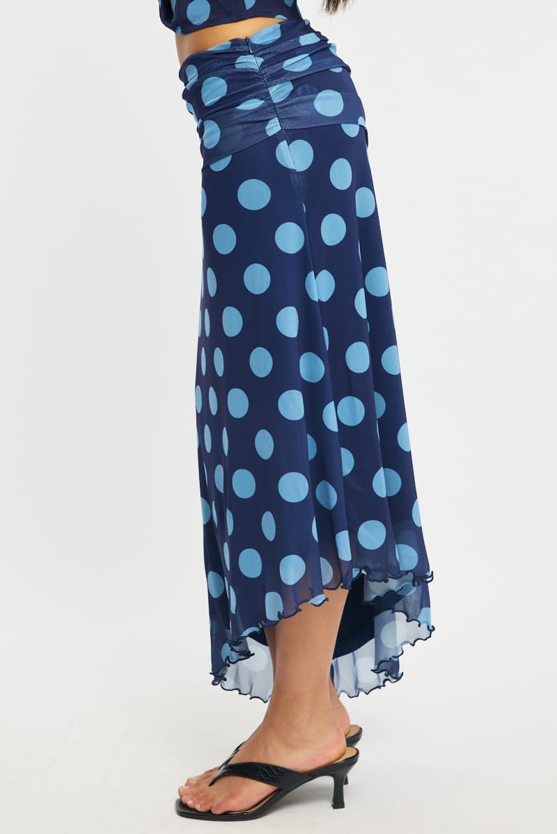 Blue Polka Dot Scarf Hem Midi Skirt Elastic Waist for Ally Fashion