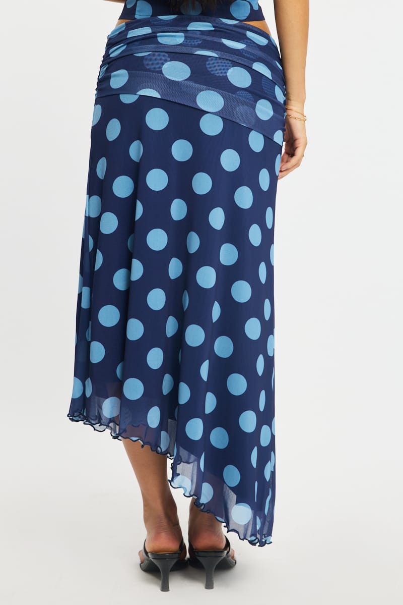 Blue Polka Dot Scarf Hem Midi Skirt Elastic Waist for Ally Fashion