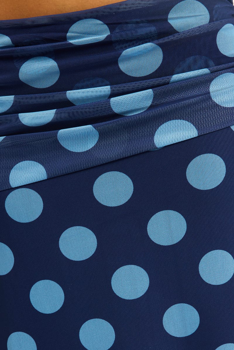 Blue Polka Dot Scarf Hem Midi Skirt Elastic Waist for Ally Fashion
