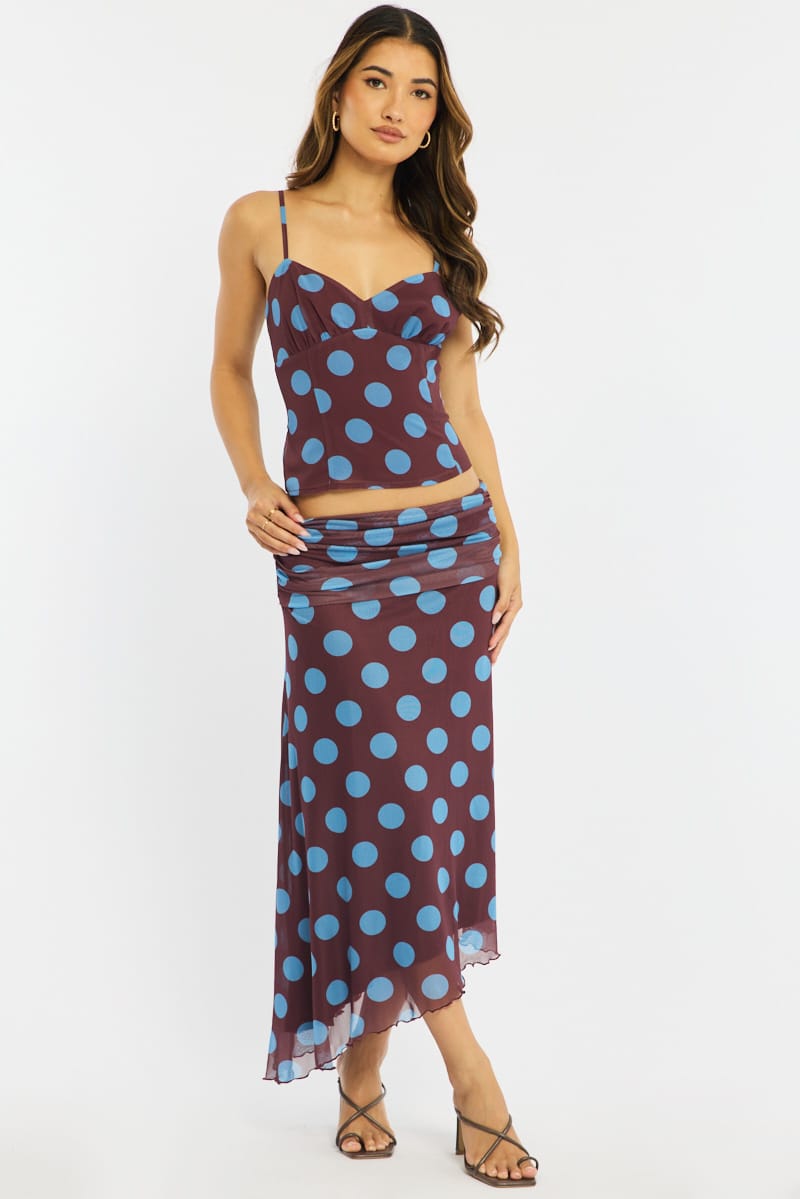 Brown Polka Dot Scarf Hem Midi Skirt Elastic Waist for Ally Fashion