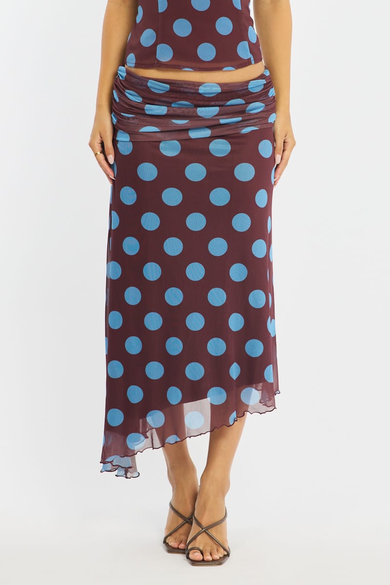 Brown Polka Dot Scarf Hem Midi Skirt Elastic Waist for Ally Fashion