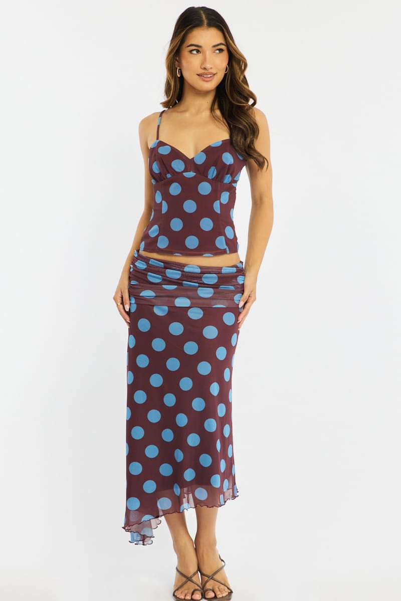 Brown Polka Dot Scarf Hem Midi Skirt Elastic Waist for Ally Fashion