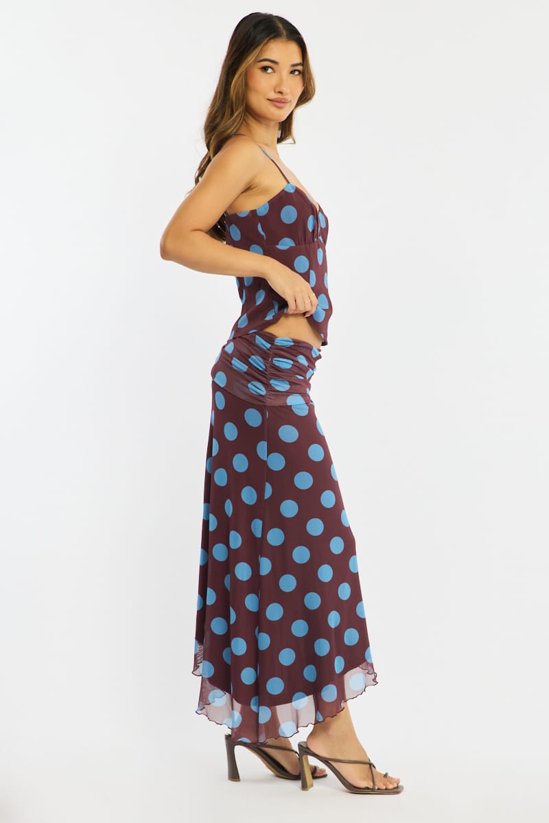 Brown Polka Dot Scarf Hem Midi Skirt Elastic Waist for Ally Fashion