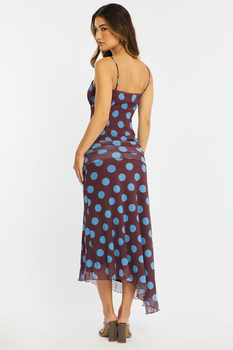 Brown Polka Dot Scarf Hem Midi Skirt Elastic Waist for Ally Fashion