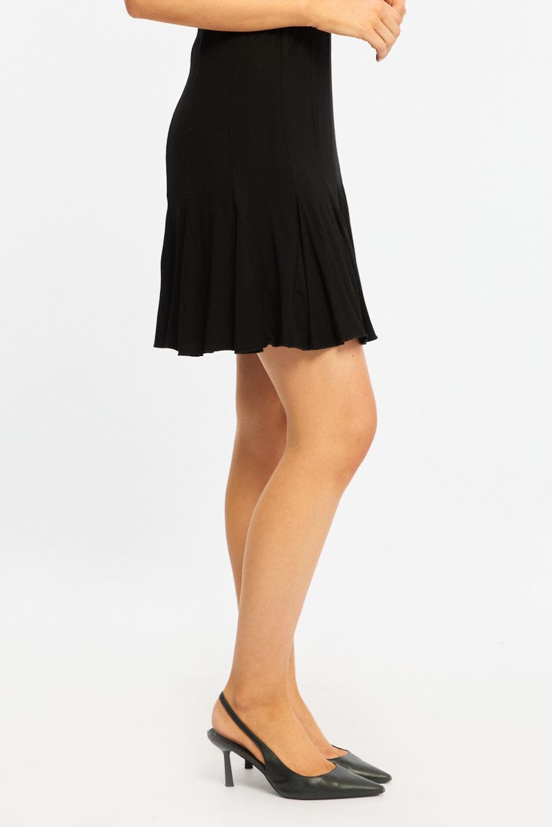 Black Midi Skirt Elastic Waist Knee Length Brushed Lined for Ally Fashion